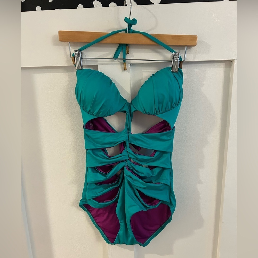A.‎ Che Luna teal Cutout Shirred Underwire Maillot One Piece Swimsuit 10 C/D